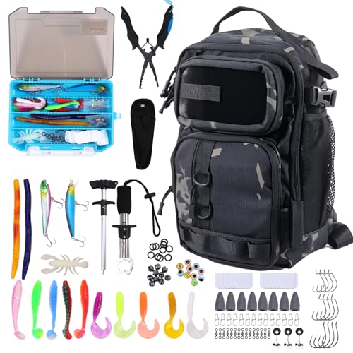 103PCS Fishing Tackle Bag, Fishing Gear for Men Adults, Camouflage Backpack with Rod Holder Tackle Box, Waterproof Sling Fishing Tackle Storage Bags & Wraps, for Fishing, Camping, Hiking