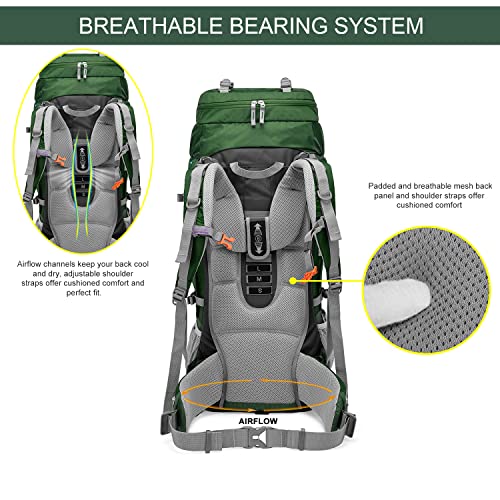 MOUNTAINTOP 80L Internal Frame Backpack for Man & Women Backpacking Hiking Backpack with Rain Cover - color: Dark Green-80l