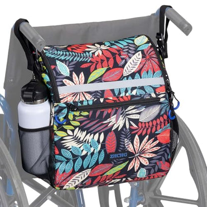 ZHCHG Wheelchair Bags, Wheelchair Backpack with Cup Holder, Wheelchair Bags to Hang on Back, Electric Wheel Chair Accessories, Large Storage Bag for Walker Rollator - style: Blue Red-leaves