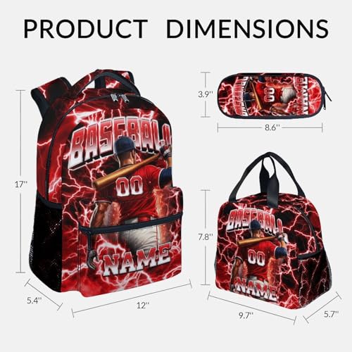 UNIKITTY Boys Baseball Backpack Set with Lunch Box & Pencil Case, Personalized School Backpack for Kids Teens; 17 Inch Large Capacity Baseball Bookbag, Water Resistant for Elementary & Middle School - color: Red