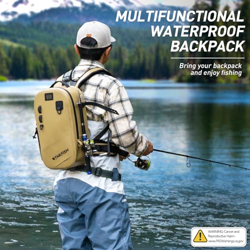THKFISH IPX8 Waterproof Fishing Backpack with Rod Holder, Lightweight Fishing Sling Bag, Move Freely Fish Gifts for Men - color: Brown