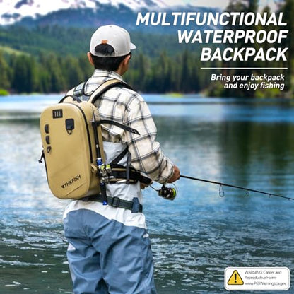 THKFISH IPX8 Waterproof Fishing Backpack with Rod Holder, Lightweight Fishing Sling Bag, Move Freely Fish Gifts for Men - color: Brown