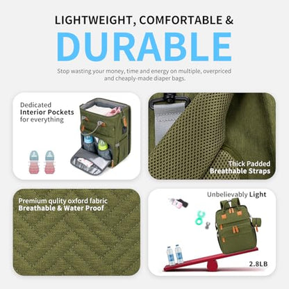 KABAQOO Diaper Bag Backpack with Detachable Changing Station, Large Capacity Baby Diaper Bags for Boys & Girls, Baby Registry Search Stuff & Shower Gifts, Newborn Essentials Must Haves, Army Green - color: Army Green