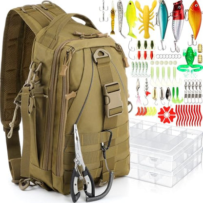 RoundFunny 85 Pcs Fishing Backpack with Tackle Boxes, Tackle Sling Bag with Rod Holder, Fish Lures and Pliers, Fish Tools Gears & Equipment Father's Day Fishing Gift for Dad Men - color: Khaki
