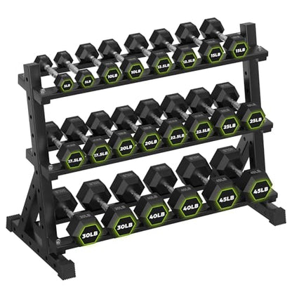 HANDBODE 3-Tier Dumbbell Rack Stand, 1000LB Capacity Storage Rack, Weight Rack for Dumbbells, Kettlebell, 390–700 lb Rubber Coated Fixed Weight Sets, Home Gym Strength Training Equipment - color: 485 lb Set (5-45 lb) *2 & Rack