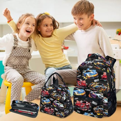 Boys Backpack Set - Racing Car Backpacks for Kids - 3Pcs Toddler Bookbag with Lunch Box & Pencil Case - Lightweight School Bag for Kindergarten/Preschool/Elementary (17 Inch) - color: Black