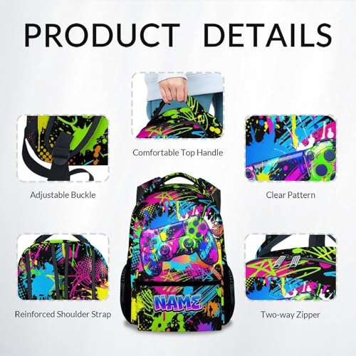 Custom Gaming Backpack - Personalized 17 Inch Boys Bookbag for Toddlers, Large Capacity Lightweight Gamer Schoolbag for Preschool Kindergarten Elementary - color: Multicolor