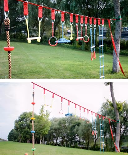 Multi-Color Ninja Rings & Monkey Bars - Adjustable Backyard Obstacle Course for Kids & Adults, Heavy-Duty Gymnastic Swing Rings, Ninjaline Slackline Training Kit (Yellow) - color: Yellow
