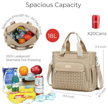 AIJIEKE Large Insulated Lunch Bag for Men Women, Leakproof Work Lunch Box | Keeps food fresh 8-12 hours. Spacious multi-pocket design with a removable strap. Water-resistant and easy-wipe interior - color: Brown Taupe