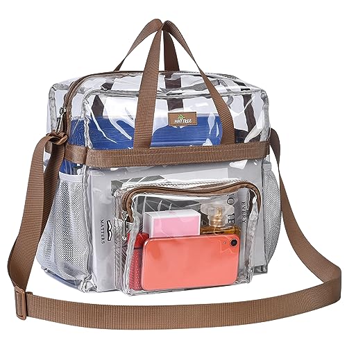 MAY TREE Clear Vinyl Tote Bag, 12 x 6 x 12 in, Brown, Suitable for Work, Travel, Sports, Office - color: Brown