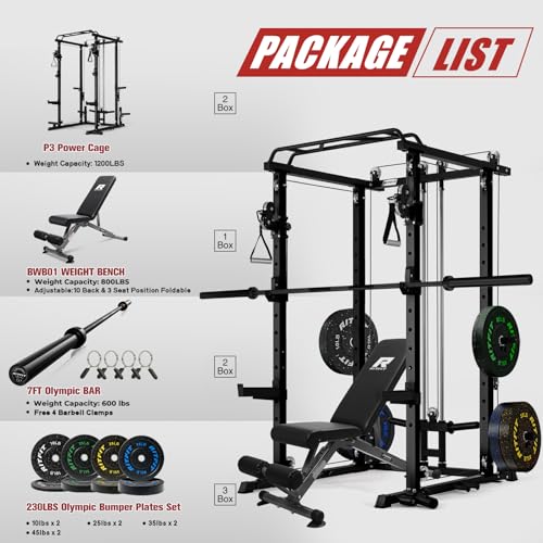 RitFit Multi-Function Garage & Home Gym Package Includes 1200LBS Power Cage PPC03/P3 with Cable Crossover System, Weight Bench, Olympic Barbell Weight Set, Full Body Workout - color: Black, style: Package 1.5K (with FBP 230lbs Plates)