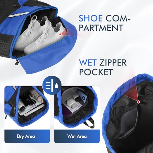 PinCute Drawstring Gym Bag for Men/Women - Mesh Beach Swim Bags Sports Backpack with Wet Pocket&Shoe Compartment, Lightweight - color: Blue