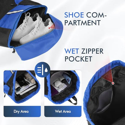 PinCute Drawstring Gym Bag for Men/Women - Mesh Beach Swim Bags Sports Backpack with Wet Pocket&Shoe Compartment, Lightweight - color: Blue