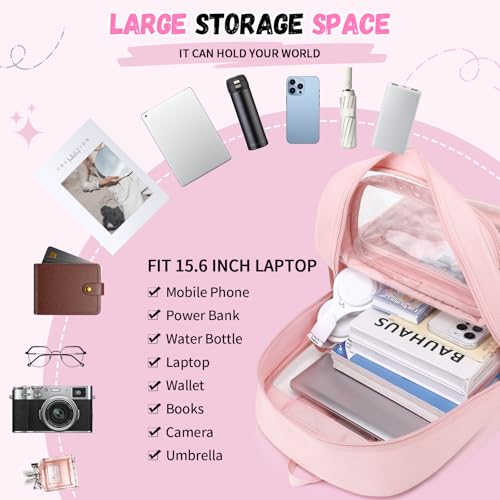 Sisipoet Clear Backpack for School, Heavy Duty Clear Bookbag for Girls Wome Large Transparent Backpack with Oxford Fabric Side Panels 17 Inch, Pink - color: Pink