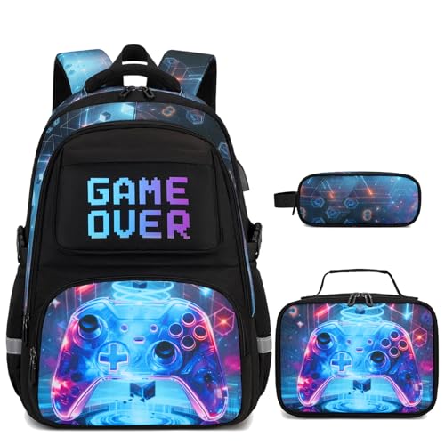 3PCS School Backpack for Boys, Cool Gamer Boys Backpack with Lunch Box and Pencil Case for Kids Kindergarten Teens Elementary Middle School Bag with Convenient Charging Port,Gaming Bookbag Waterproof - color: Sci-fi Realism