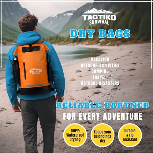 TACTIKO 35L Heavy-Duty 100% Waterproof Backpack, Roll Top Dry Bags for Kayaking, Hiking, Camping, Survival - color: Orange