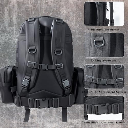 60L Tactical Backpack Military 3-Day Assault Pack, Waterproof Molle System Rucksack with Detachable Bag, Survival Bug Out Backpack for Men & Women(Black) - color: Black