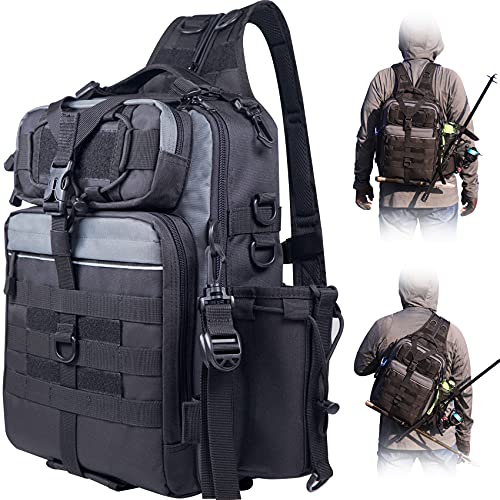 BLISSWILL Outdoor Tackle Bag - Large Water-Resistant Fishing Backpack - color: G：black and Grey, style: Large(16*12*6 Inch)