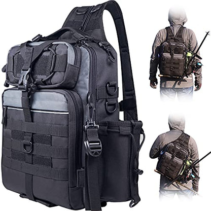 BLISSWILL Outdoor Tackle Bag - Large Water-Resistant Fishing Backpack - color: G：black and Grey, style: Large(16*12*6 Inch)
