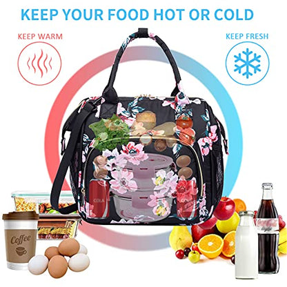 MCBD Lunch bags Insulated Lunch Box for Women,3 Carrying Way Large Tote Bag,Leakproof Reusable Cooler Backpack with Adjustable Shoulder Strap for Office Picnic Beach - color: A-Black Flower