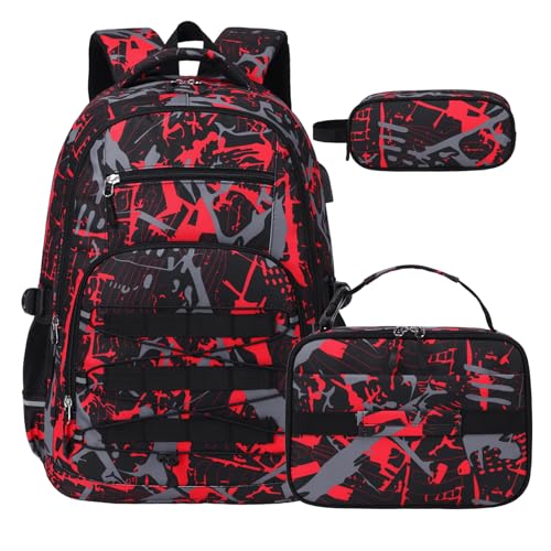 ACESAK Camo Backpack for Boys, Tactical Kids Backpack Boys, School Bags for Boy Children Teens Kids Elementary Middle High School, Military Bookbag and Lunch Bag Pencil Case Set with USB Charging Port - color: Camo Red