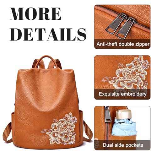 BOYATU Genuine Leather Backpack for Women: Elegant Floral Designer Purse - Small Shoulder Bag for Travel (Brown) - color: Z-brown