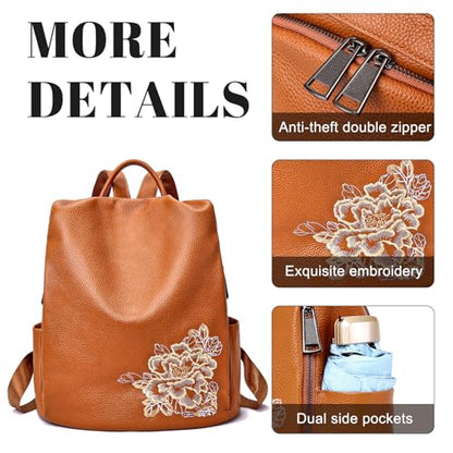 BOYATU Genuine Leather Backpack for Women: Elegant Floral Designer Purse - Small Shoulder Bag for Travel (Brown) - color: Z-brown