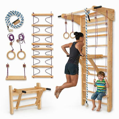 Swedish Ladder Wall Bars with Pull-Up Bar, Dip Station & Accessories for Kids and Adults – Wooden Stall Bars Home Gym with Gymnastic Rings, Rope, Swing & Climbing Ladder