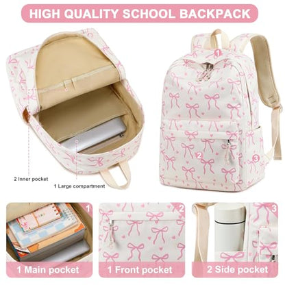 LOIDOU Backpack for Teen Girls Bookbags School Backpack with Lunch Box and Pencil Case 3 in 1 School Bags Set - color: Pink Bow Tie 18