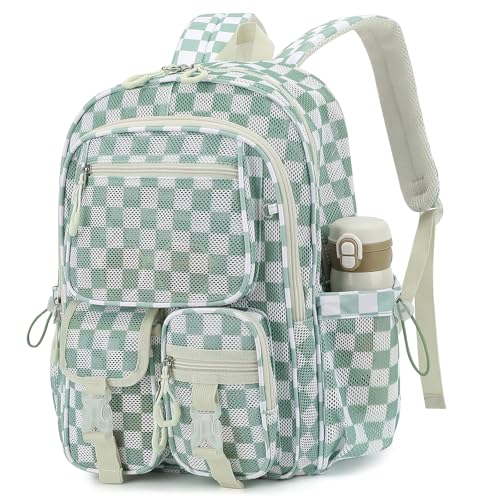 Mesh Backpack for School, Heavy Duty Mesh Bookbags for Women Girls Boys Kids with Inner Laptop Compartment for College, Travel, Beach, Swimming, Sports - Checkered Matcha Green - color: Checkered Matcha Green