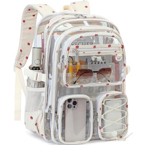 Hidds Clear Backpack for Girls Women Transparent Heavy Duty Bookbag Kids See Through Bag College Backpacks School (Beige Strawberry) - color: Beige Strawberry