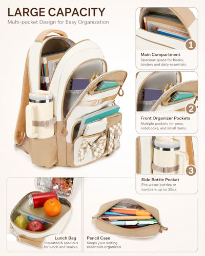 CAMTOP Girls Backpack with Lunch Box & Pencil Case Set, School Backpack for Girls with Large Water Bottle Holder Straps, Waterproof Kids Backpack, Cute Bookbag for Elementary School & Travel - color: Beige Brown