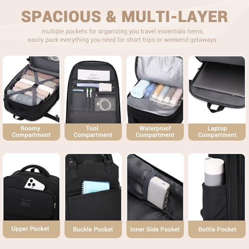 MOONBABY Travel Backpack for Women Men Carry On Flight Approved 3pcs Set Personal Item Travel Bag With Luggage Strap - color: Black