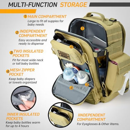 SHARKMOUTH Military Diaper Bag for Dad - Insulated Baby Diaper Backpack with Patches for Hiking Travel Camping - Baby Shower Gifts Tan - color: Tan