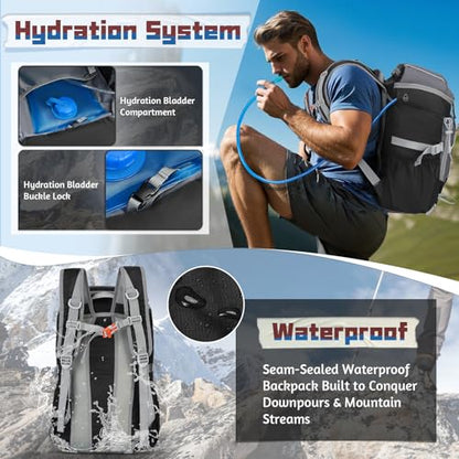 RAINSMORE Foldable Hiking Backpack for Women Men Packable Camping Backpack 40L Waterproof Hiking Daypack Bag Lightweight Collapsible Daypack for Travel Trekking Mountaineering Large Capacity Black - color: Black and Grey