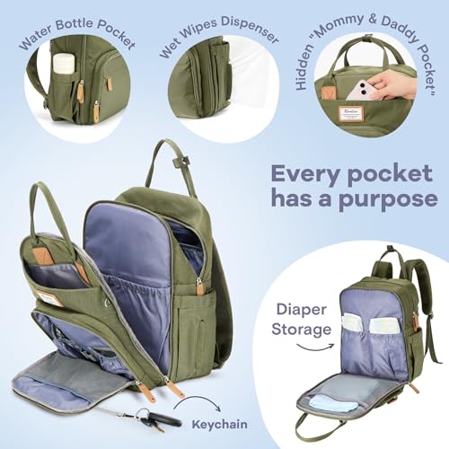 RUVALINO Diaper Bag Backpack - Multifunction Travel Back Pack Maternity Baby Changing Bags, Diaper Changing Totes, Large Capacity, Waterproof and Stylish, Baby Travel Essential, Army Green - color: Military Green