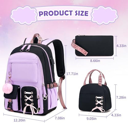 ACESAK Backpacks for Girls, Girls Backpack with Lunch Box and Pencil Case for Teen Kids Elementary Middle High School College Student, Children School Backpack Bookbag with USB Charging Port (Purple) - color: Black & Purple