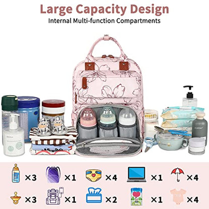 Diaper Bag Backpack, Large Diaper Backpack with Portable Changing Pad, Baby Diaper Bags for Girls, Multifunction Floral Travel Backpack for Moms Dads with Insulated Pockets and Stroller Straps