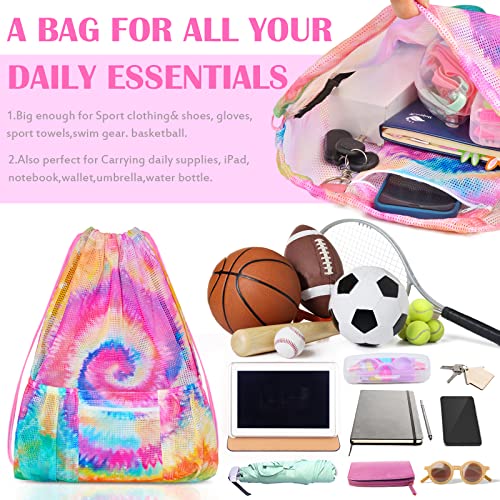 Fiodrimy Mesh Drawstring Backpack Bag Beach Bag with Zipper Pocket Gym Backpack Bag for Swimming Gear Gym Storage Bag for Adult Kids (Tie Dye) - color: Tie Dye