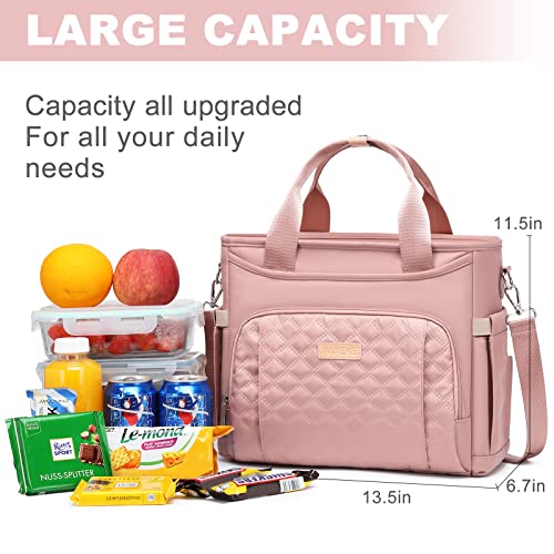 AIJIEKE Large Insulated Lunch Bag for Women, Leakproof Work Lunch Box Tote | Keeps food fresh 8-12 hours. Spacious multi-pocket design with a removable strap. Water-resistant and easy-wipe interior - color: Pink
