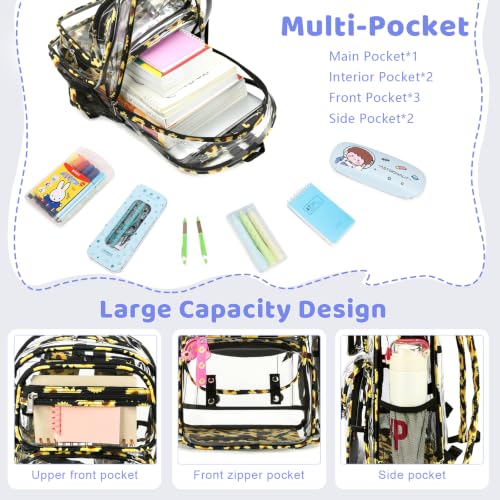 ACESAK Clear Backpack for Girls - 3 Pcs Clear Backpack Heavy Duty with Lunch Bag - See Through Bookbag Stadium Approved for Kids Middle High College School(Black Daisy) - color: Black Daisy
