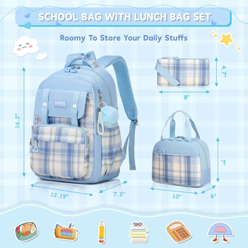 MUSEVOS Girls Backpack with Lunch Bag, Kindergarten Elementary Middle School Backpack, Large Capacity Kids Bookbag 3 Pcs Set (blue) - color: A-blue-3pcs Set