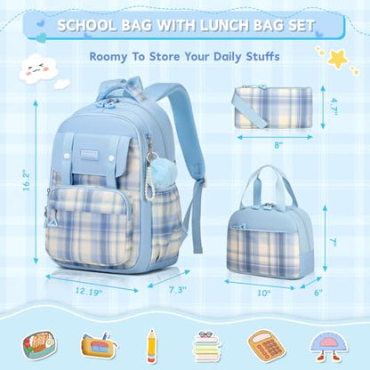 MUSEVOS Girls Backpack with Lunch Bag, Kindergarten Elementary Middle School Backpack, Large Capacity Kids Bookbag 3 Pcs Set (blue) - color: A-blue-3pcs Set