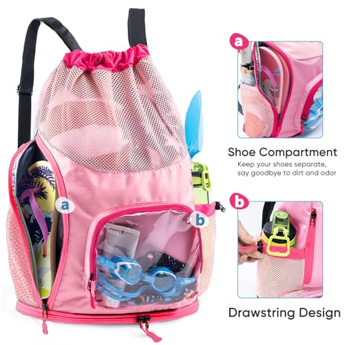 Mesh Drawstring Backpack with Shoe Compartment, Sandproof Beach Swim Bag with Wet Pocket, Pool Gym Shower Bag for Travel Summer Camp - color: Pink, style: Style a