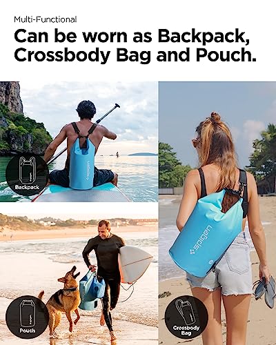 Spigen for Waterproof Backpack IPX6, 35L Roll Top Travel Rucksack Fits up to 16 Inch Laptop, Multi-Compartment Bag Ventilated Back, Chest Strap Hiking, Camping, Swimming, Canoeing, Fishing - color: Sea Blue, Clear