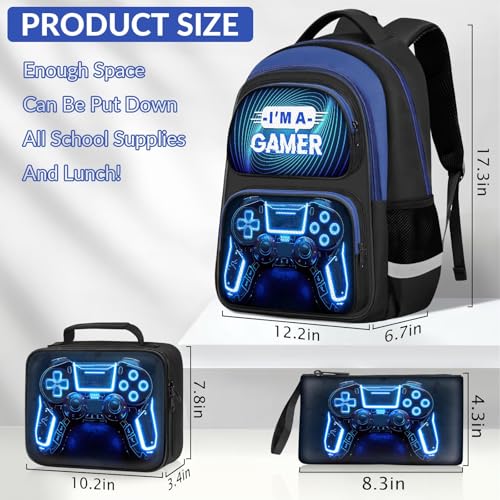 School Backpack for Boys - 3pcs Gamer Boys Backpack with Lunch Box Set for Kids Teens Elementary Middle School - 17″ Video Game Bookbag Travel Back Pack for Age 6-18 - color: Gamer Blue-backpack Set