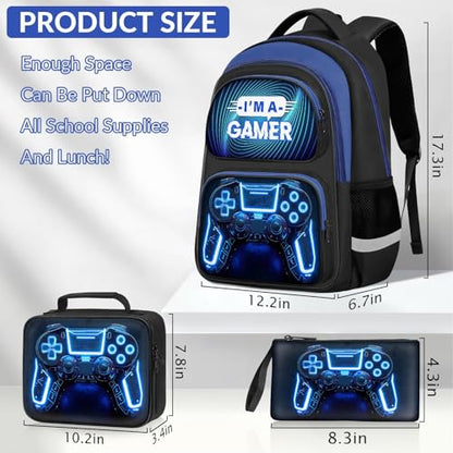 School Backpack for Boys - 3pcs Gamer Boys Backpack with Lunch Box Set for Kids Teens Elementary Middle School - 17″ Video Game Bookbag Travel Back Pack for Age 6-18 - color: Gamer Blue-backpack Set