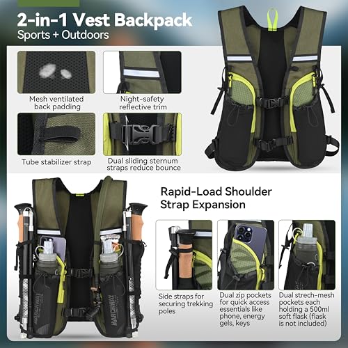 MARCHWAY Lightweight Hydration Backpack with Vest Style Straps & 2.5L TPU Water Bladder, Versatile Sleek Multi-Pocket Pack for Hiking, Cycling, Running, Backpacking, Travel - color: Green