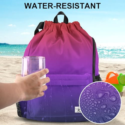 Drawstring Backpack with Mesh Pockets String Gym Bag Sackpack Sandproof Water Resistant Beach Backpack for Men Women - color: Gradient Purple