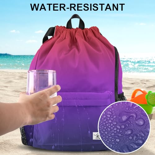 Drawstring Backpack with Mesh Pockets String Gym Bag Sackpack Sandproof Water Resistant Beach Backpack for Men Women - color: Gradient Purple